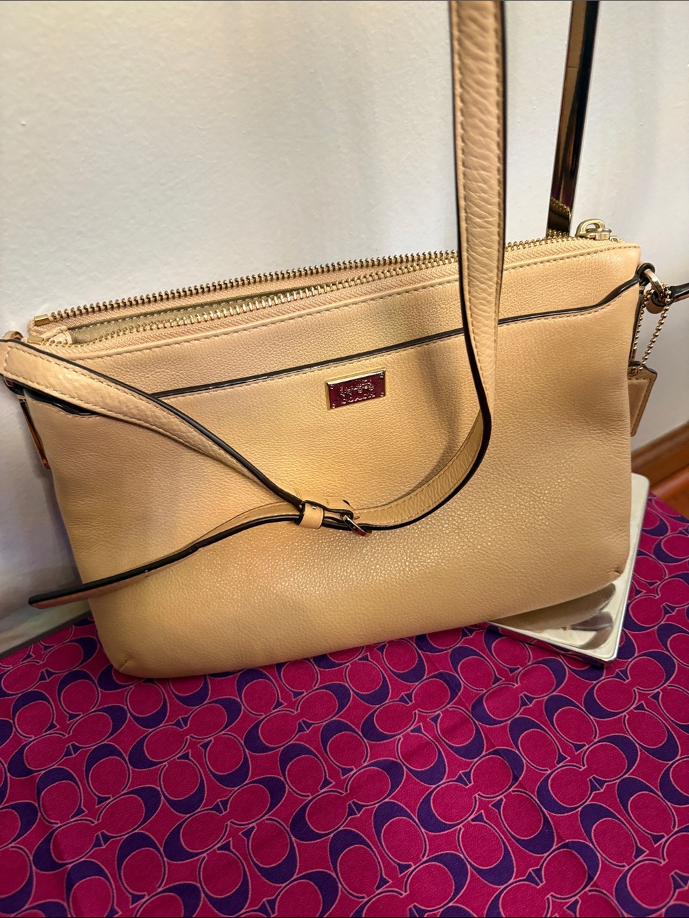 Coach Tan Pebbled Leather Shoulder Bag with Gold Hardware